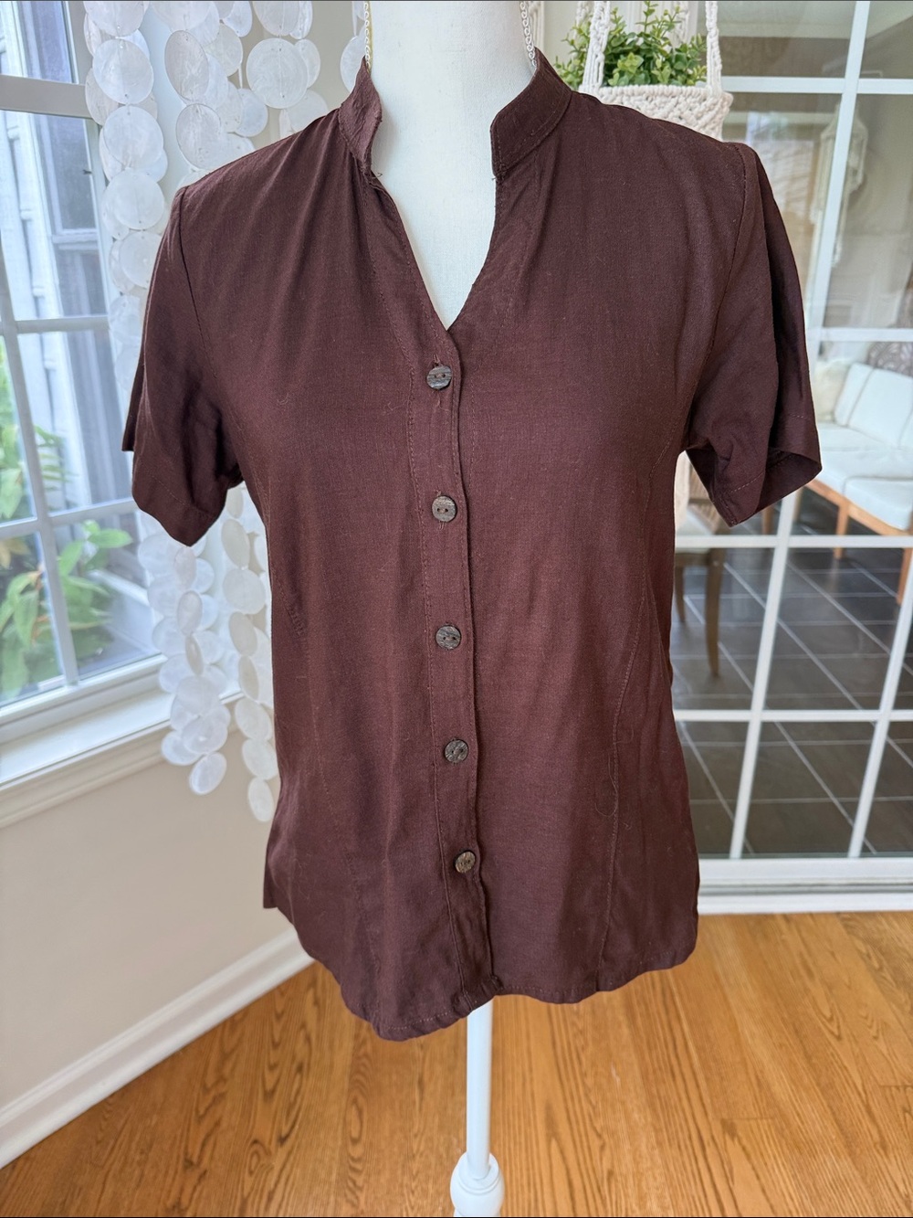 Chocolate Brown Vintage Linen Short-Sleeve Button Front Women's Top Handmade